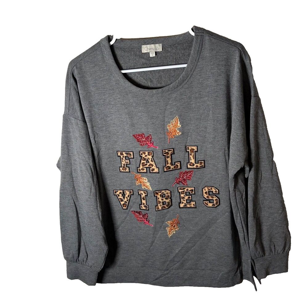Chenault Sweatshirt Women's 1X Gray Fall Leaves Embroidered Pullover Cozy